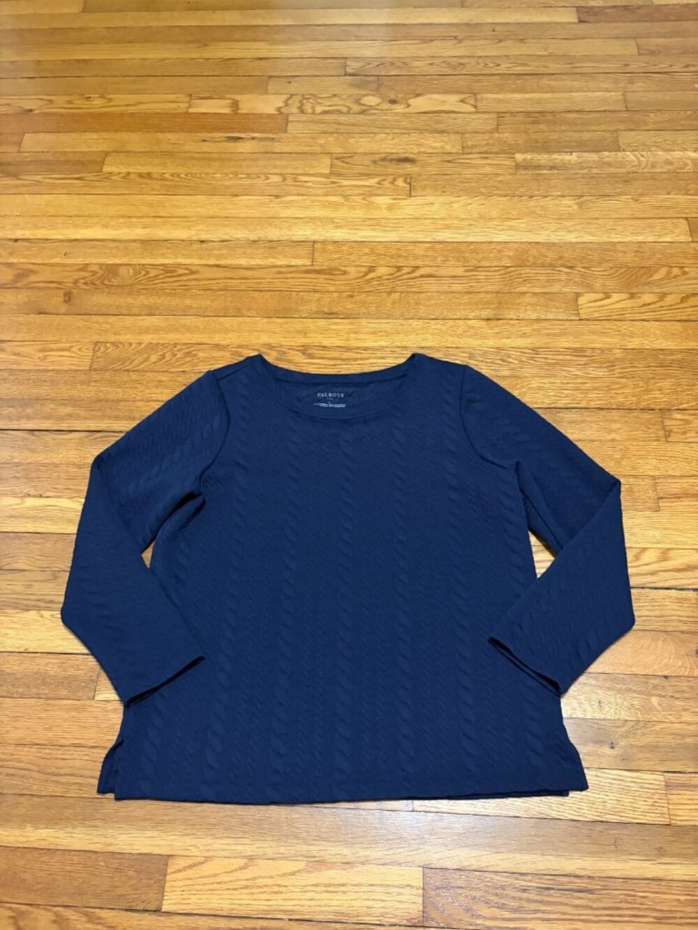 Talbots Womens Cable Knit Top Size Large Navy Blue Polyester Long Sleeve Shirt